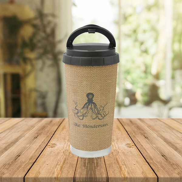 Octopus & Burlap Print Stainless Steel Travel Cup Lifestyle