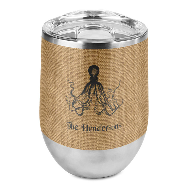 Custom Octopus & Burlap Print Stemless Wine Tumbler - Full Print (Personalized)