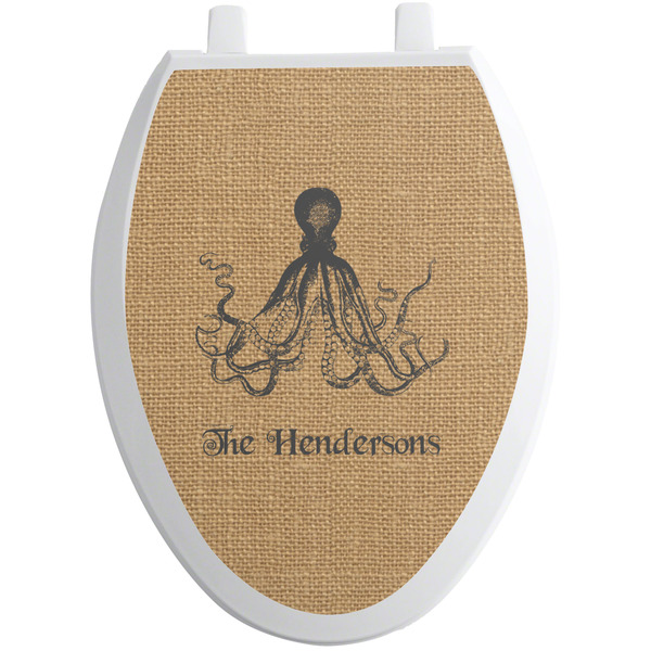 Custom Octopus & Burlap Print Toilet Seat Decal - Elongated (Personalized)