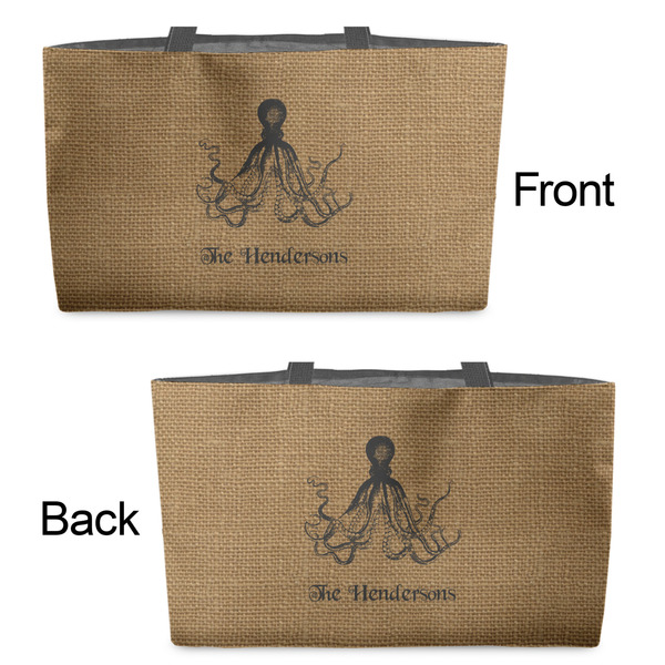Octopus & Burlap Print Tote w/Black Handles - Front & Back Views