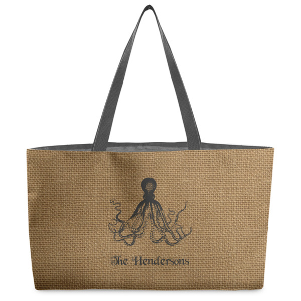 Custom Octopus & Burlap Print Beach Totes Bag - w/ Black Handles (Personalized)