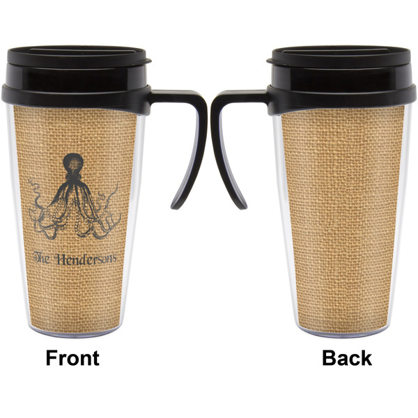 Octopus & Burlap Print Travel Mug with Black Handle - Approval