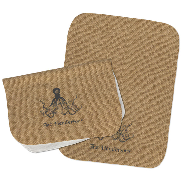 Octopus & Burlap Print Two Rectangle Burp Cloths - Open & Folded