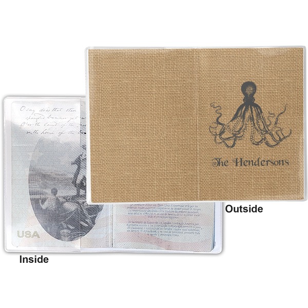 Octopus & Burlap Print Vinyl Passport Holder - Flat Front and Back
