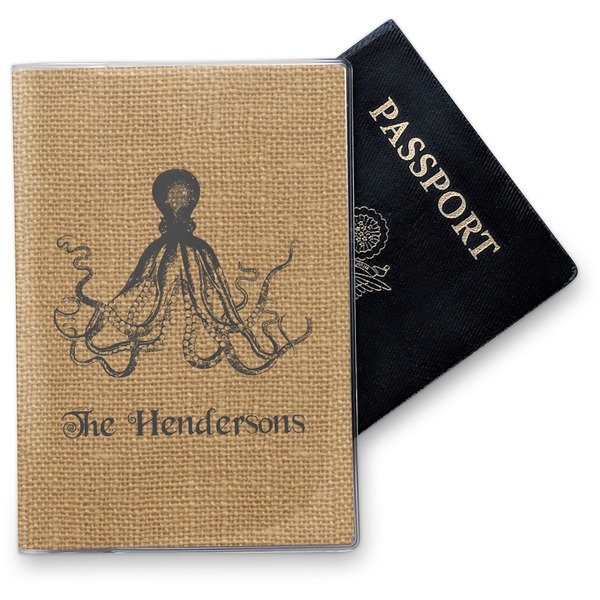 Custom Octopus & Burlap Print Vinyl Passport Holder (Personalized)