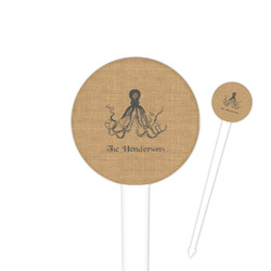 Octopus & Burlap Print 4" Round Plastic Food Picks - White - Single Sided (Personalized)