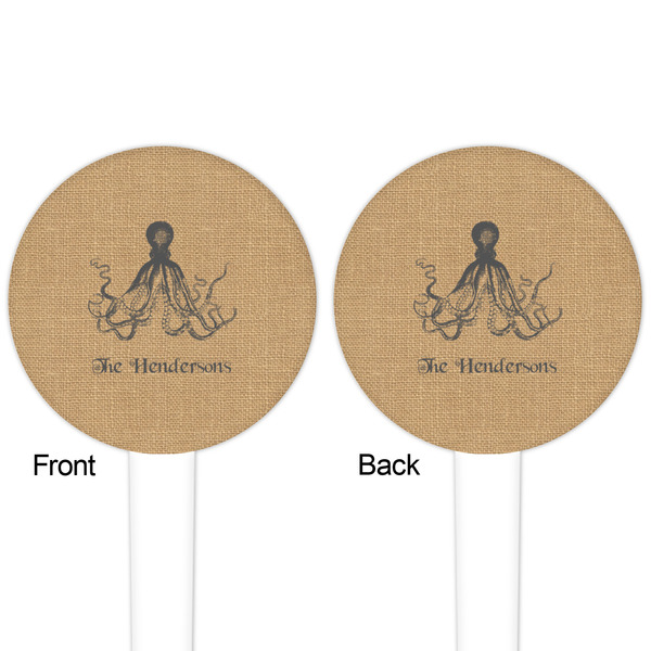 Octopus & Burlap Print White Plastic 4" Food Pick - Round - Double Sided - Front & Back