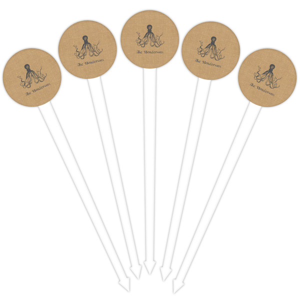 Octopus & Burlap Print White Plastic 4" Food Pick - Round - Fan View