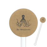 Octopus & Burlap Print 5.5" Round Plastic Stir Sticks - White - Single Sided (Personalized)