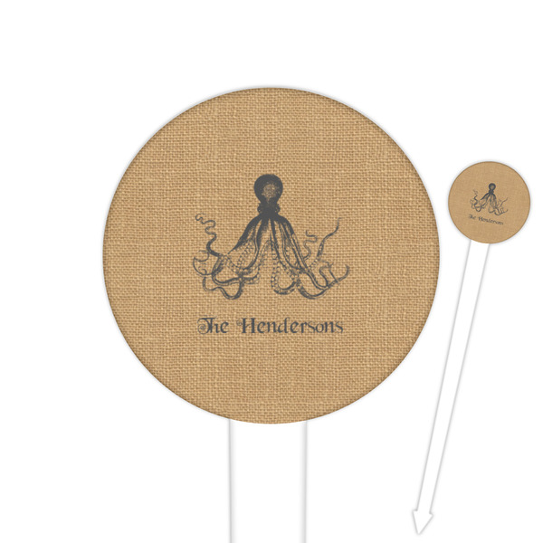Custom Octopus & Burlap Print 6" Round Plastic Food Picks - White - Double Sided (Personalized)