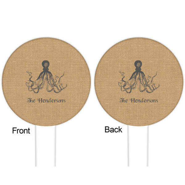 Octopus & Burlap Print White Plastic 6" Food Pick - Round - Double Sided - Front & Back