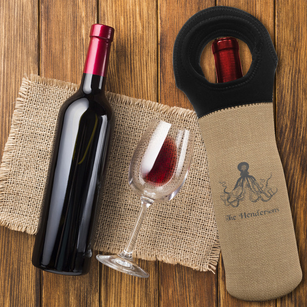 Octopus & Burlap Print Wine Tote Bag - FLATLAY