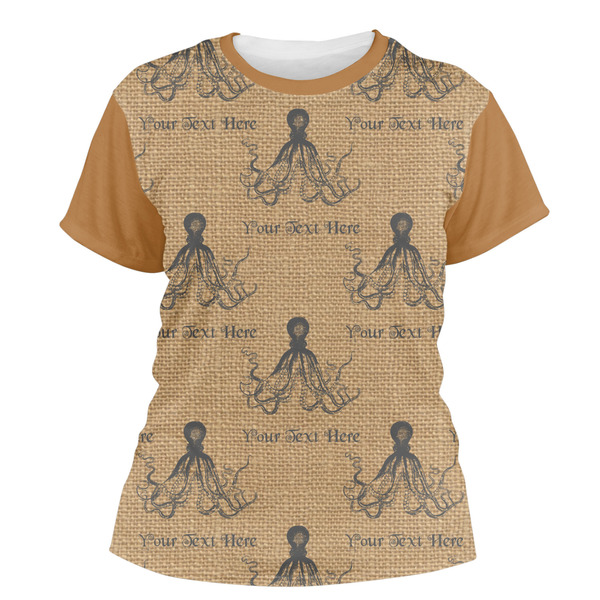 Custom Octopus & Burlap Print Women's Crew T-Shirt - 2X Large (Personalized)