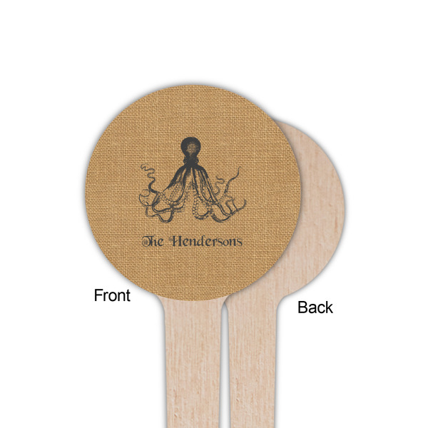 Octopus & Burlap Print Wooden 4" Food Pick - Round - Single Sided - Front & Back