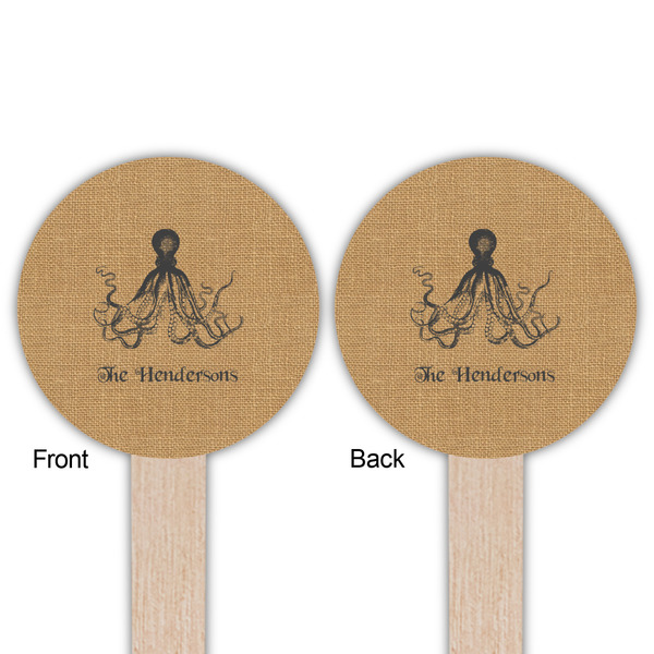 Octopus & Burlap Print Wooden 6" Food Pick - Round - Double Sided - Front & Back