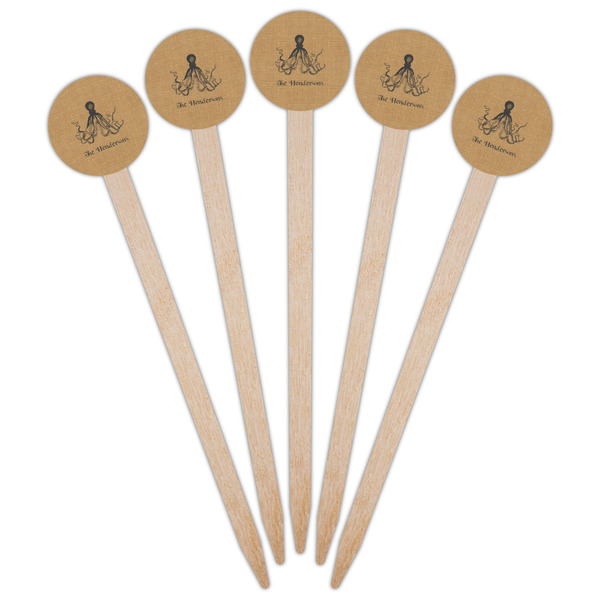 Octopus & Burlap Print Wooden 6" Food Pick - Round - Fan View