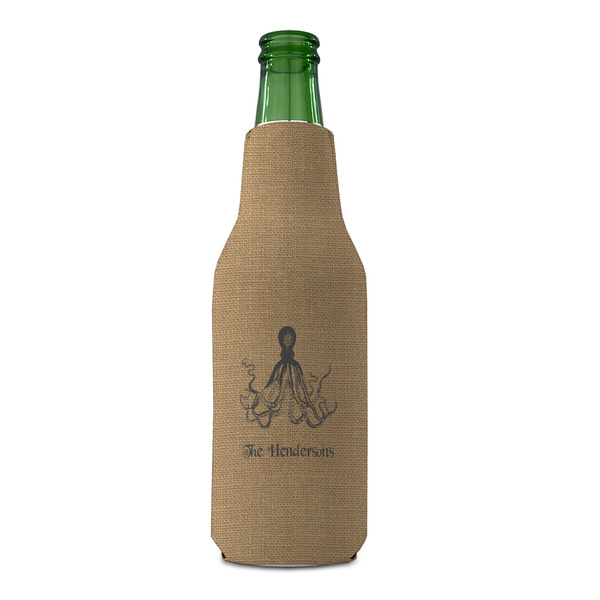 Octopus & Burlap Print Zipper Bottle Cooler - FRONT (bottle)