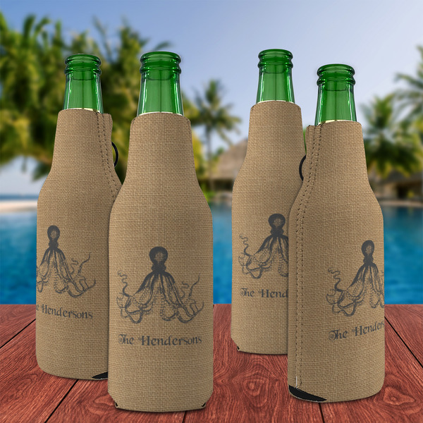 Octopus & Burlap Print Zipper Bottle Cooler - Set of 4 - LIFESTYLE