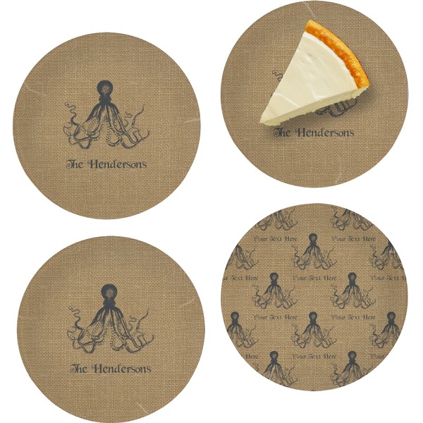 Custom Octopus & Burlap Print Set of 4 Glass Appetizer / Dessert Plate 8" (Personalized)