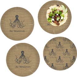 Octopus & Burlap Print Set of 4 Glass Lunch / Dinner Plate 10" (Personalized)