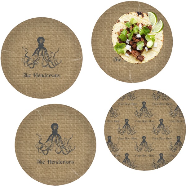 Custom Octopus & Burlap Print Set of 4 Glass Lunch / Dinner Plate 10" (Personalized)