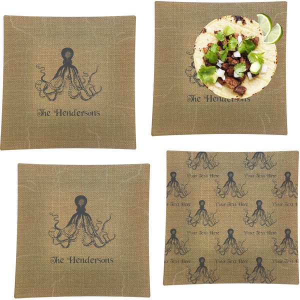Custom Octopus & Burlap Print Set of 4 Glass Square Lunch / Dinner Plate 9.5" (Personalized)