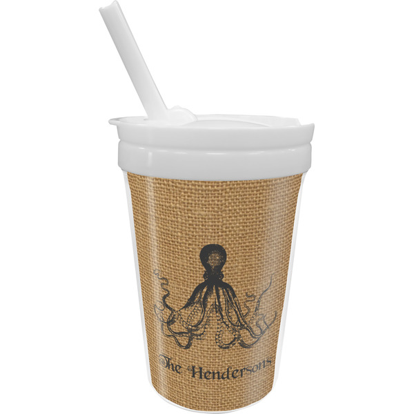 Custom Octopus & Burlap Print Sippy Cup with Straw (Personalized)