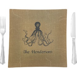 Octopus & Burlap Print 9.5" Glass Square Lunch / Dinner Plate- Single or Set of 4 (Personalized)