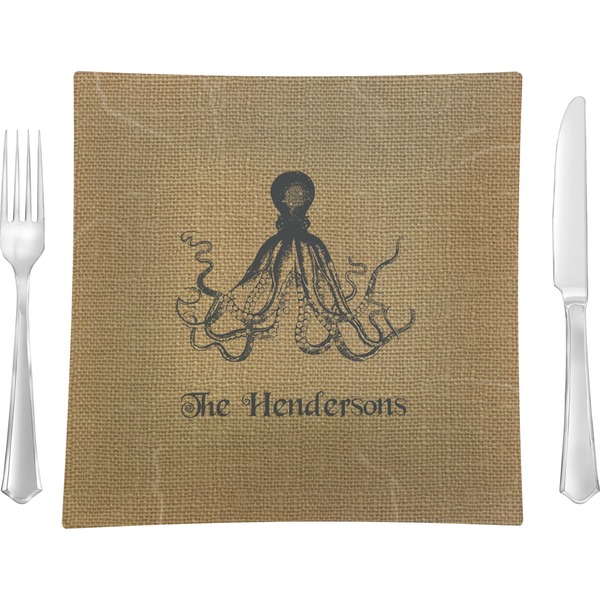 Custom Octopus & Burlap Print 9.5" Glass Square Lunch / Dinner Plate- Single or Set of 4 (Personalized)