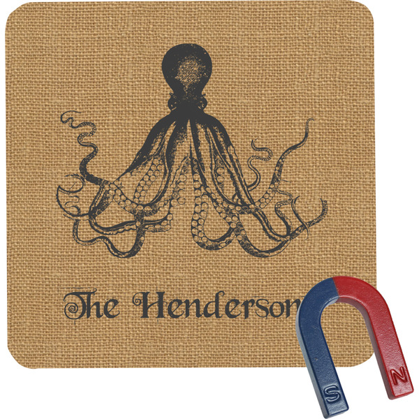 Custom Octopus & Burlap Print Square Fridge Magnet (Personalized)