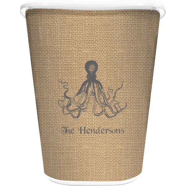 Custom Octopus & Burlap Print Waste Basket - Double Sided (White) (Personalized)
