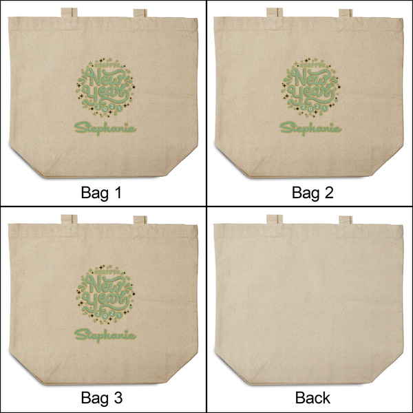 Happy New Year 3 Reusable Cotton Grocery Bags - Front & Back View