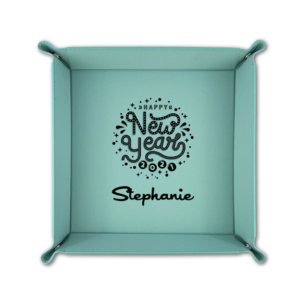 Happy New Year 6" x 6" Teal Leatherette Snap Up Tray - FOLDED UP