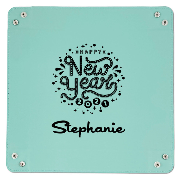 Happy New Year 9" x 9" Teal Leatherette Snap Up Tray - APPROVAL
