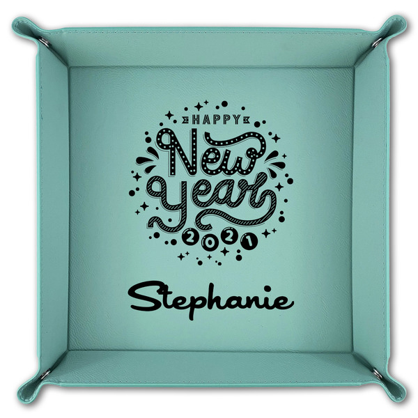 Happy New Year 9" x 9" Teal Leatherette Snap Up Tray - FOLDED