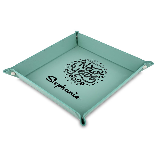 Custom Happy New Year 9" x 9" Teal Faux Leather Valet Tray (Personalized)