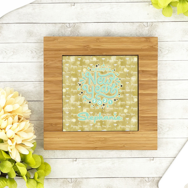 Happy New Year Bamboo Trivet with 6" Tile - LIFESTYLE