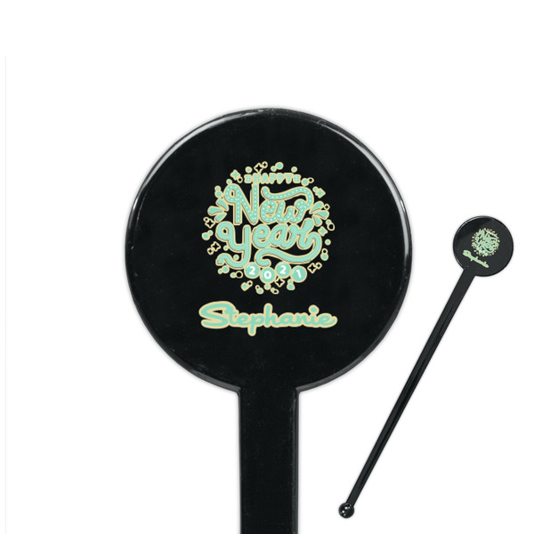 Custom Happy New Year 7" Round Plastic Stir Sticks - Black - Double Sided (Personalized)