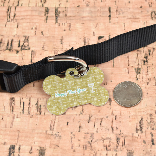 Happy New Year Bone Shaped Dog ID Tag - Large - In Context