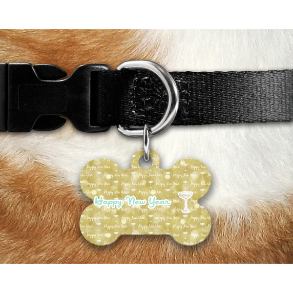 Happy New Year Bone Shaped Dog Tag on Collar & Dog