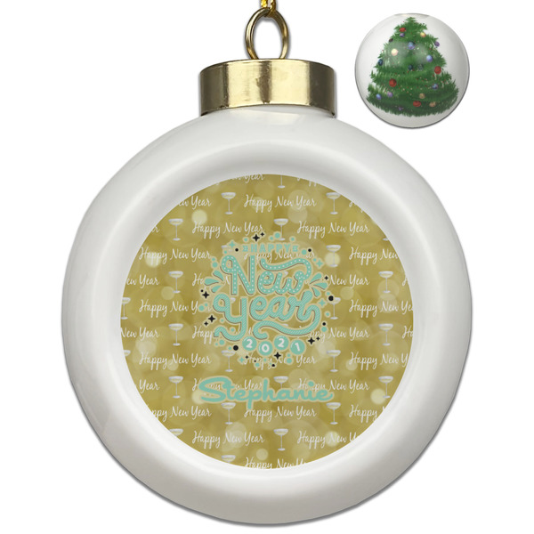 Custom Happy New Year Ceramic Ball Ornament - Christmas Tree (Personalized)