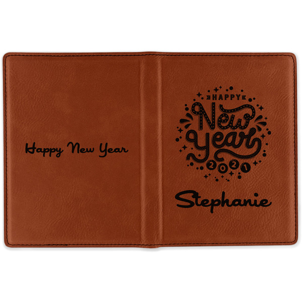 Happy New Year Cognac Leather Passport Holder Outside Double Sided - Apvl
