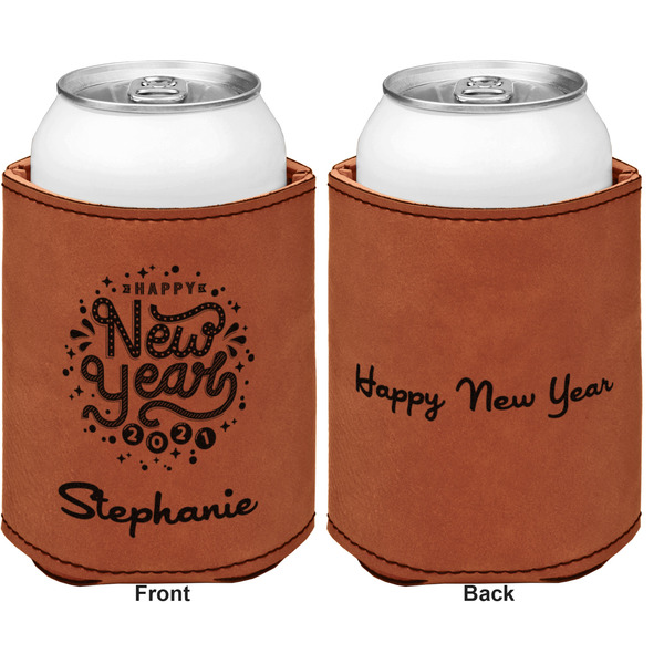 Happy New Year Cognac Leatherette Can Sleeve - Double Sided Front and Back