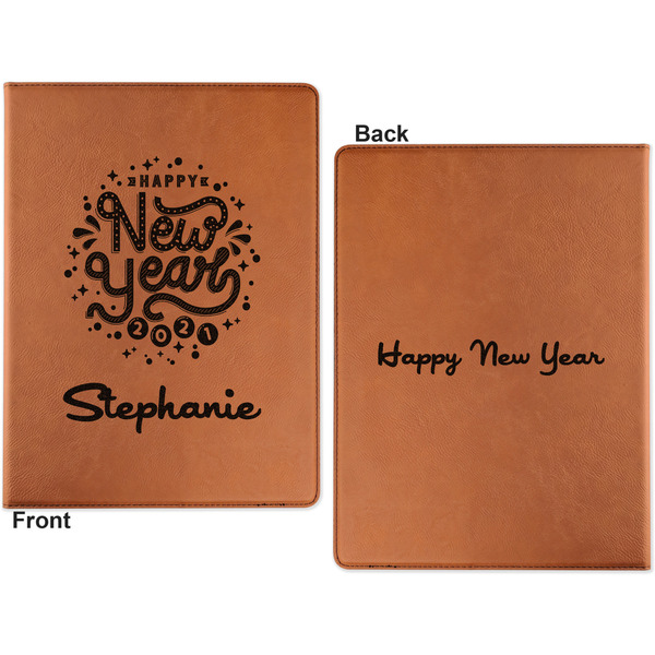 Happy New Year Cognac Leatherette Portfolios with Notepad - Large - Double Sided - Apvl