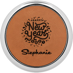 Happy New Year Leatherette Round Coaster w/ Silver Edge (Personalized)