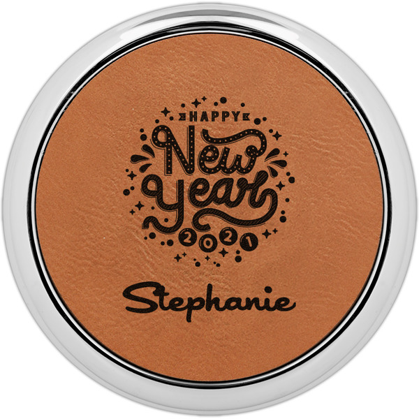 Custom Happy New Year Leatherette Round Coaster w/ Silver Edge (Personalized)