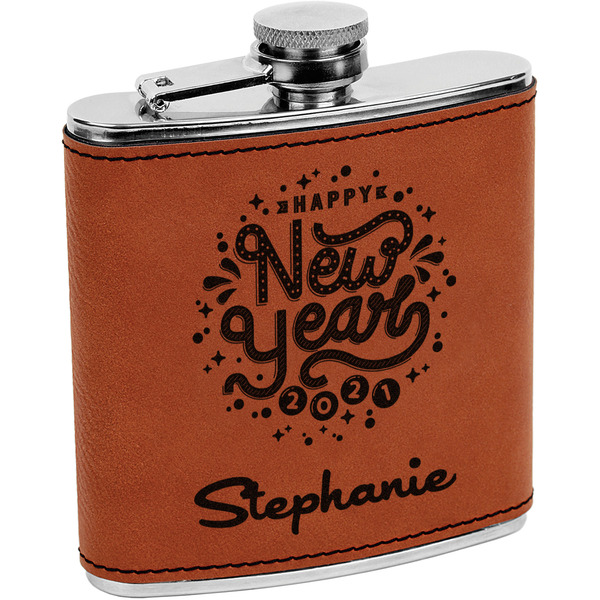 Custom Happy New Year Leatherette Wrapped Stainless Steel Flask (Personalized)