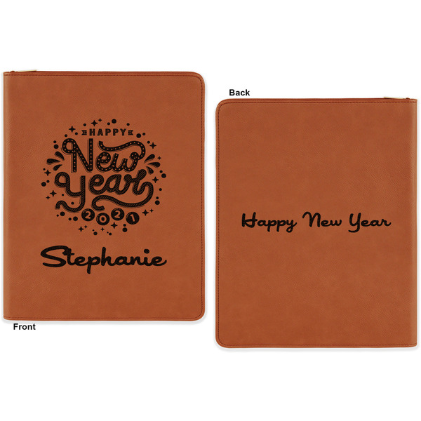 Happy New Year Cognac Leatherette Zipper Portfolios with Notepad - Double Sided - Apvl