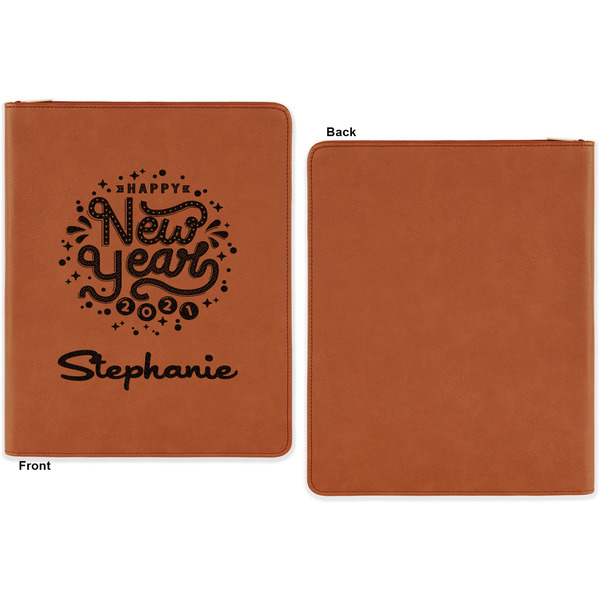 Happy New Year Cognac Leatherette Zipper Portfolios with Notepad - Single Sided - Apvl
