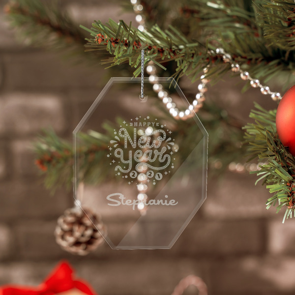 Happy New Year Engraved Glass Ornaments - Octagon (Lifestyle)